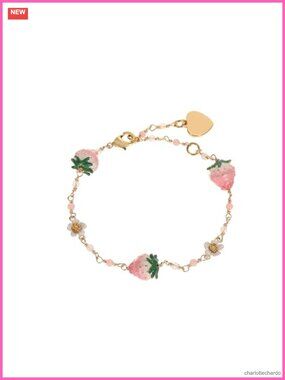 Brass Charm Bracelet with Flower & Strawberry Charms - Bohemian Link Bracelet -